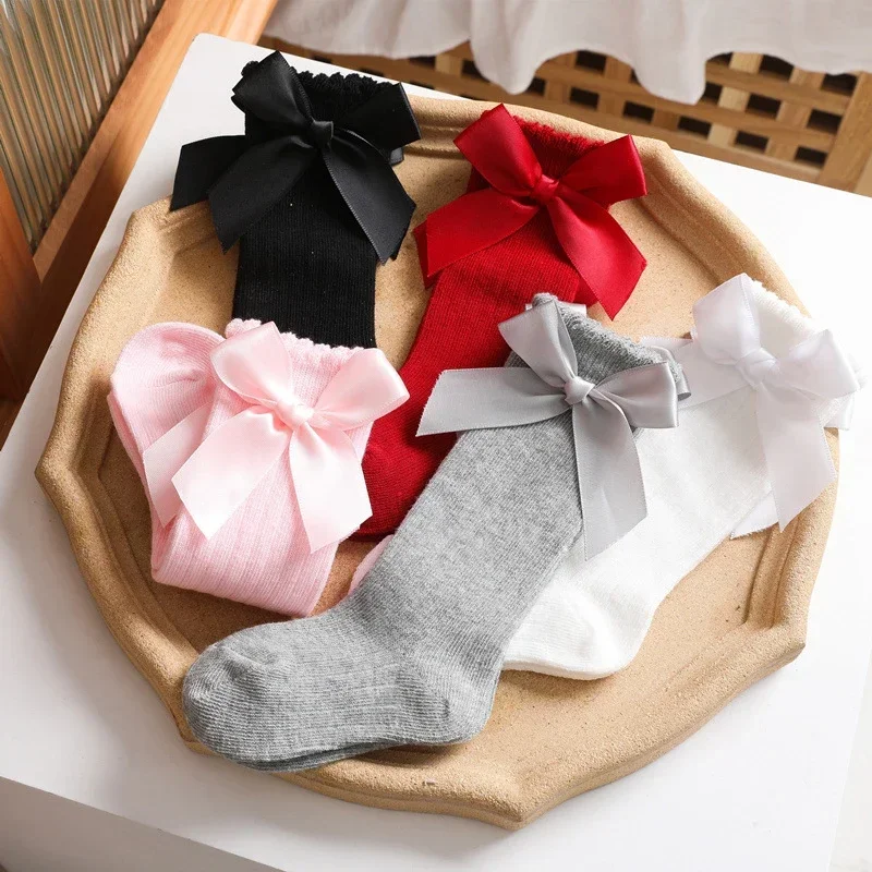 Big Bow Pit Strip Baby Stuff Socks Children's Baby Accessories Kids Newborn New Solid Color Mid-height Stockings