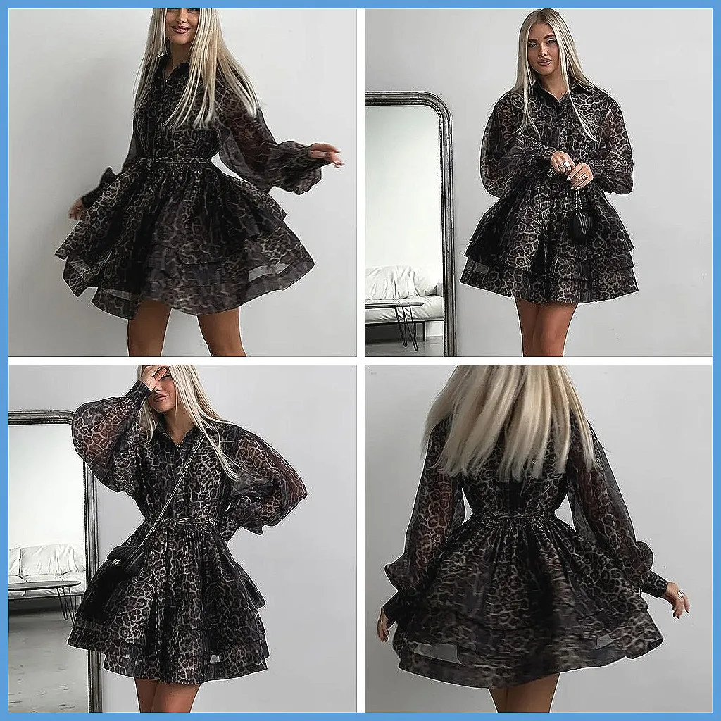 Fashion Leopard Print Puffy Mini Dress with Long Sleeve & Ruffles, Elegant Streetwear for Women 2026