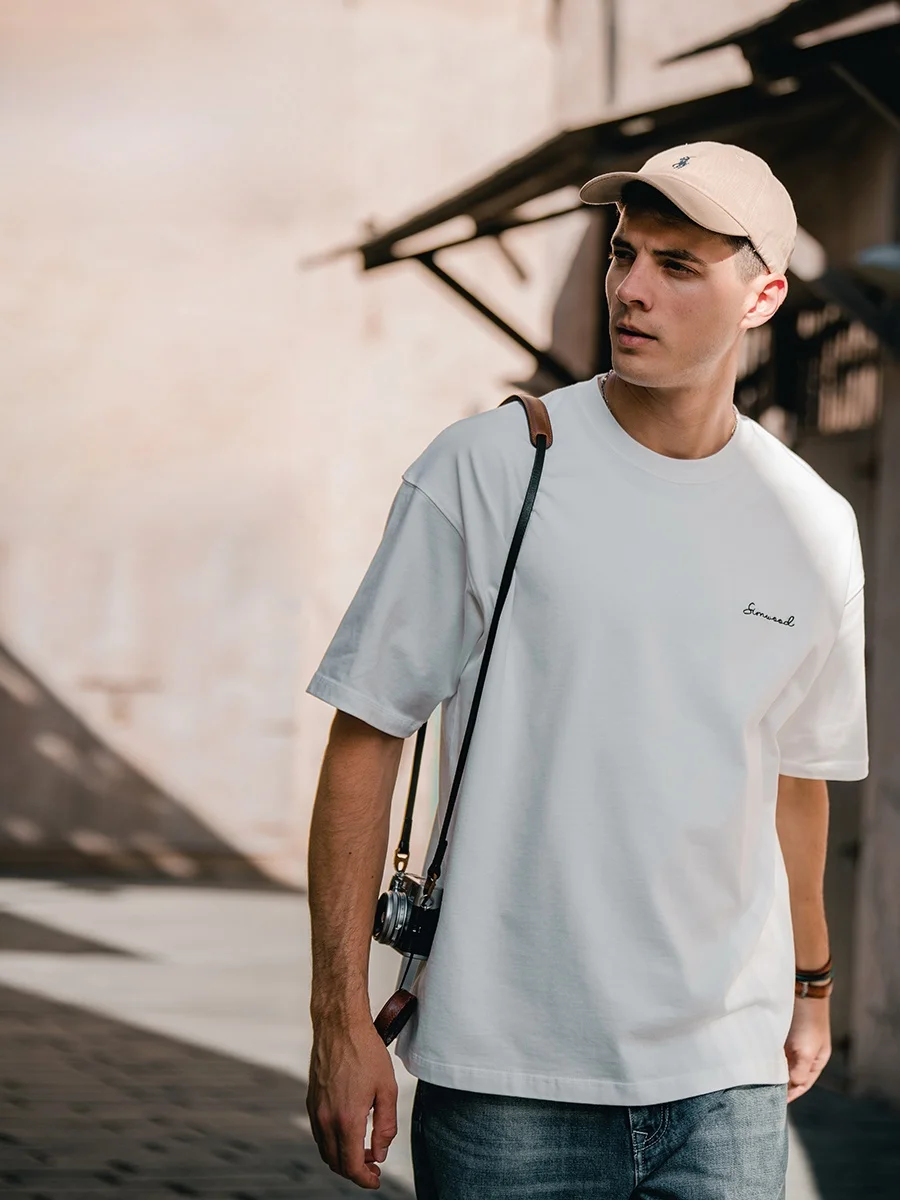 

Simwood Men's Oversized Short Sleeve T-shirt Washed Chain Embroidery Cotton 100% Youth Summer Fashion round Neck Pure Color