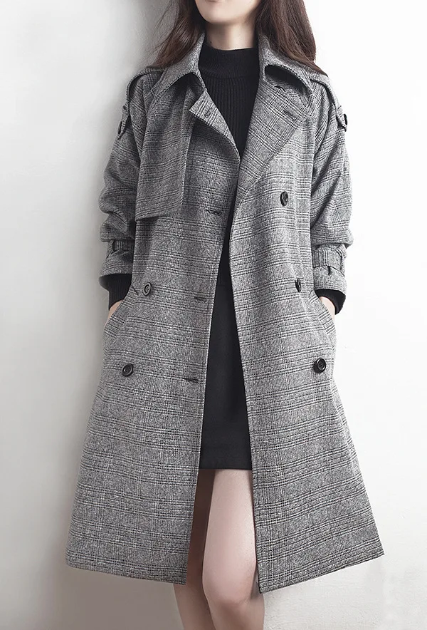 Checkered Trench Coat for Women Autumn New Double Breasted Slim Fitting Suit Medium Length Woolen Coat