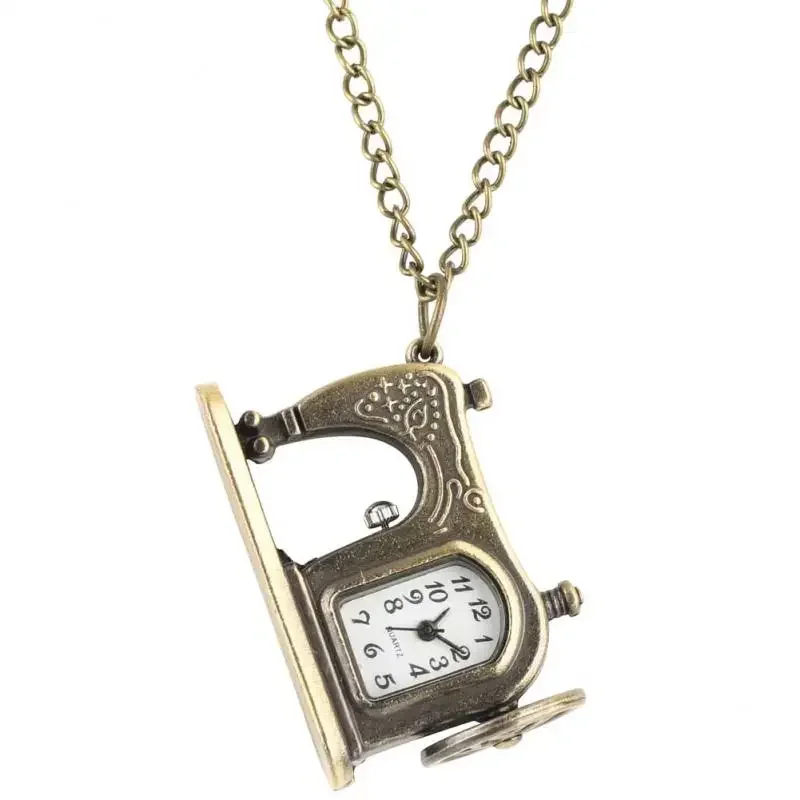 Unique Distinctive Sawing Machine Shape Pocket Watch Open Face Quartz Rectangle Dial with Arabic Numerals Pendant Clock