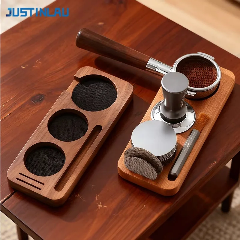 JUSTINLAU 51/53mm/58mm Coffee Tamper Mat Station Stand Portafilter Holder Wooden Coffee Brush Filter Distributor Storage Base