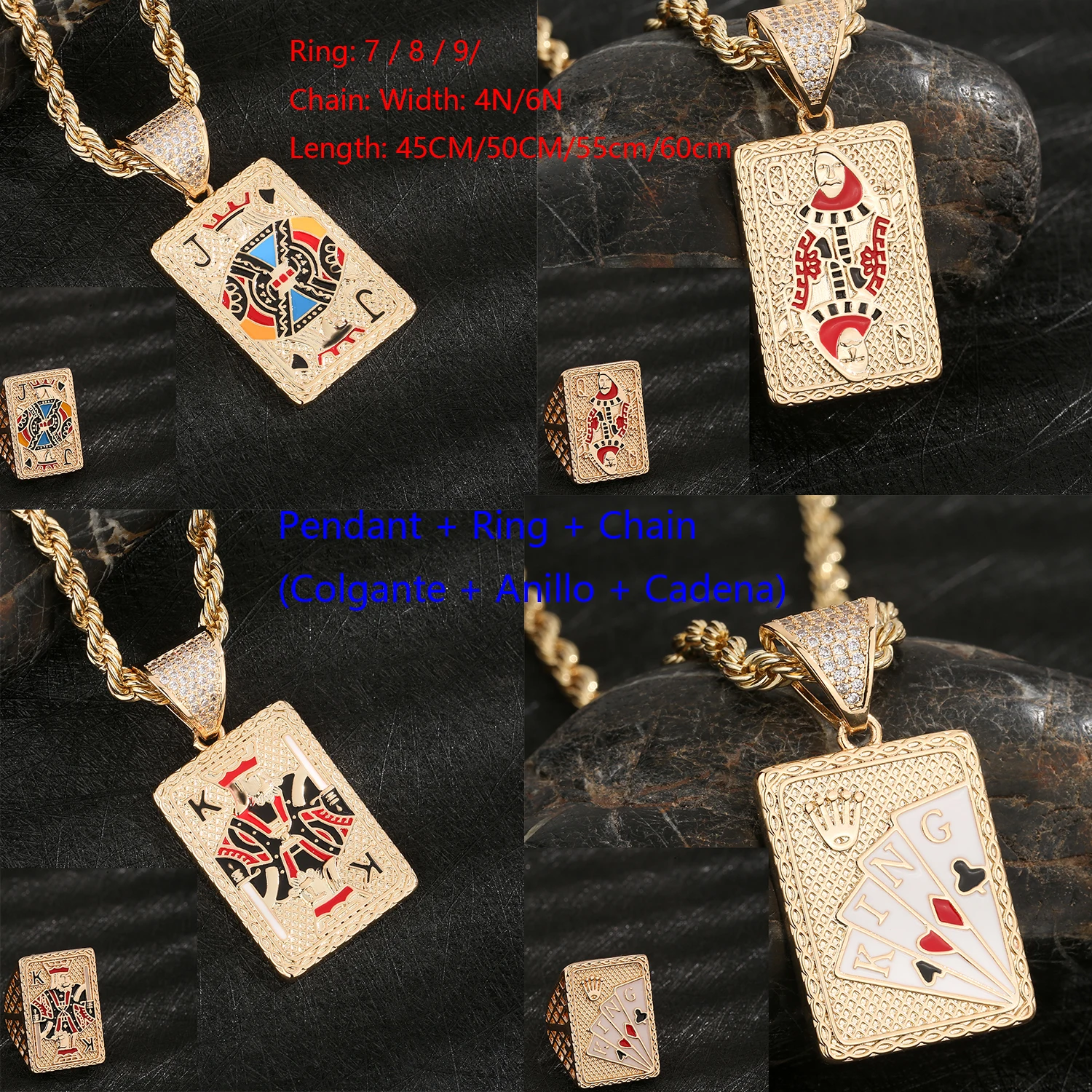 Hip-hop men's jewelry set, gambling game theme, gold-plated material, playing card accessories.
