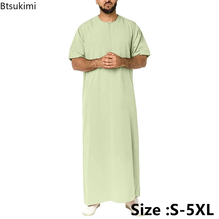 Muslim Fashion Mens Solid Robes Saudi Style Zipper Jubba Thobe Man Abayas Short Sleeve O Neck Muslim Arabic Islamic Clothing 5XL