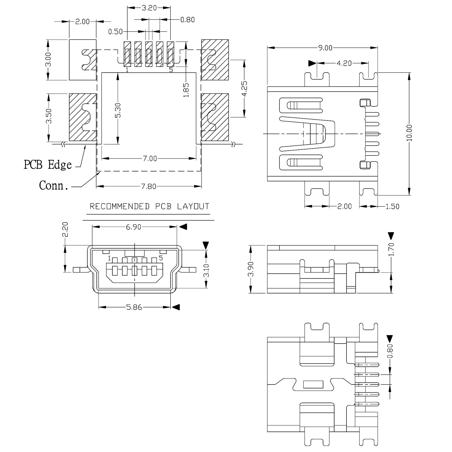 10pcs Mini USB 2.0 Female Cnnector B type 5Pin SMT Sink 1.7 Board USB Jack