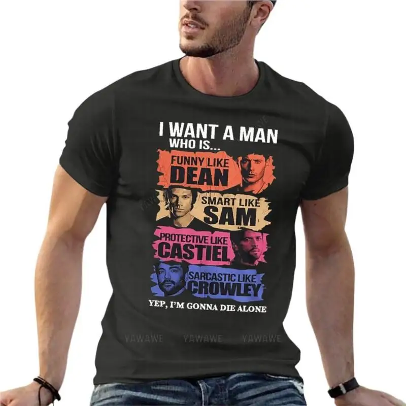 Supernatural Man Dean Sam Castiel Crowley Oversized T-Shirts Summer Men Clothes Cotton Streetwear Plus Size Top Tee