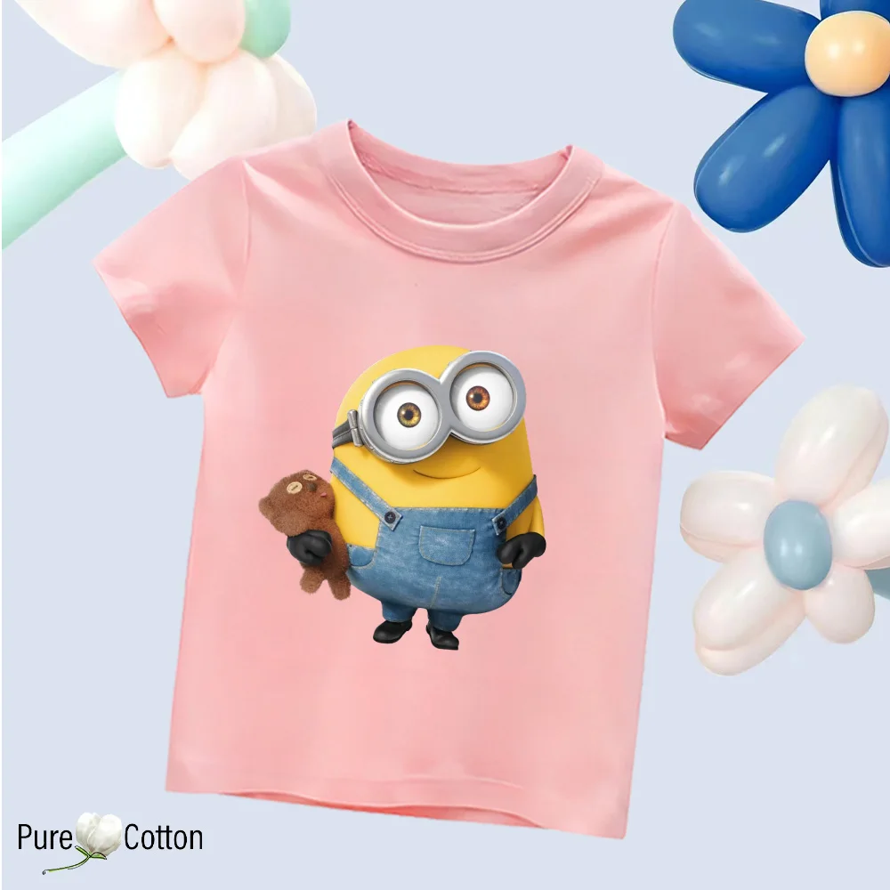 Leisure fashion cartoon Disney Minions funny y2K children's short sleeved boys and girls trendy summer pure cotton T-shirt