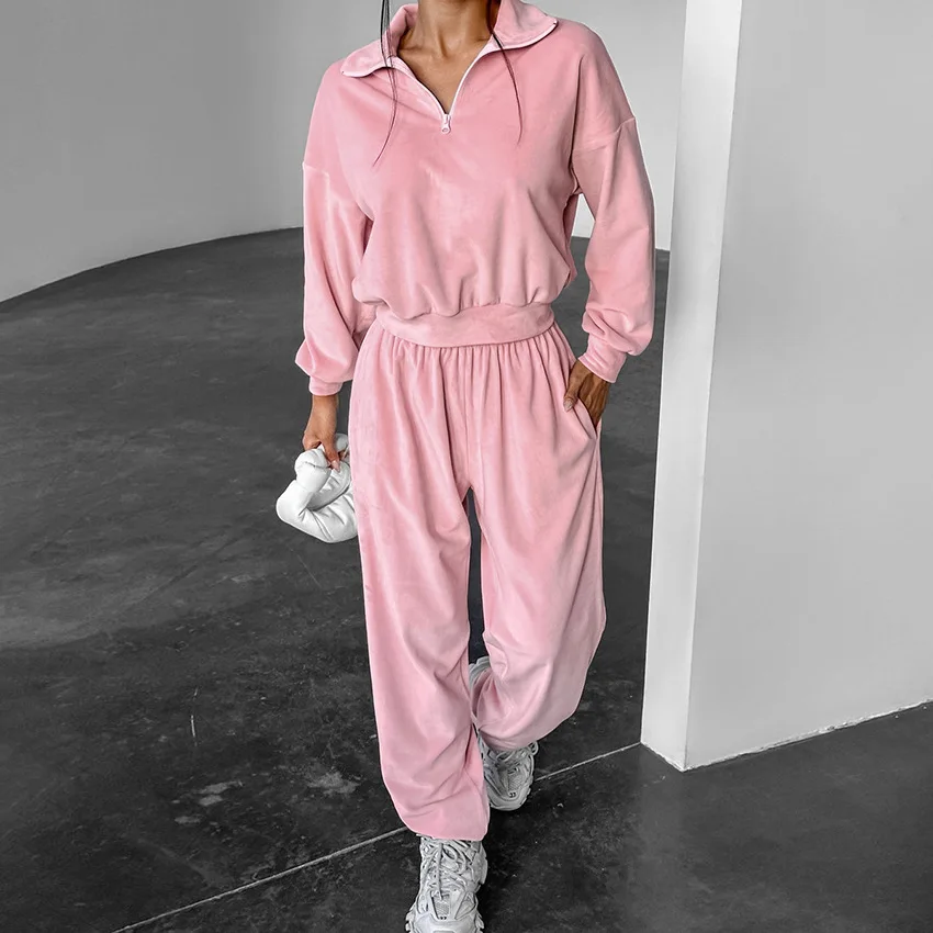

2025 autumn gentle pink knitted high waist street style sports and leisure suit Z415