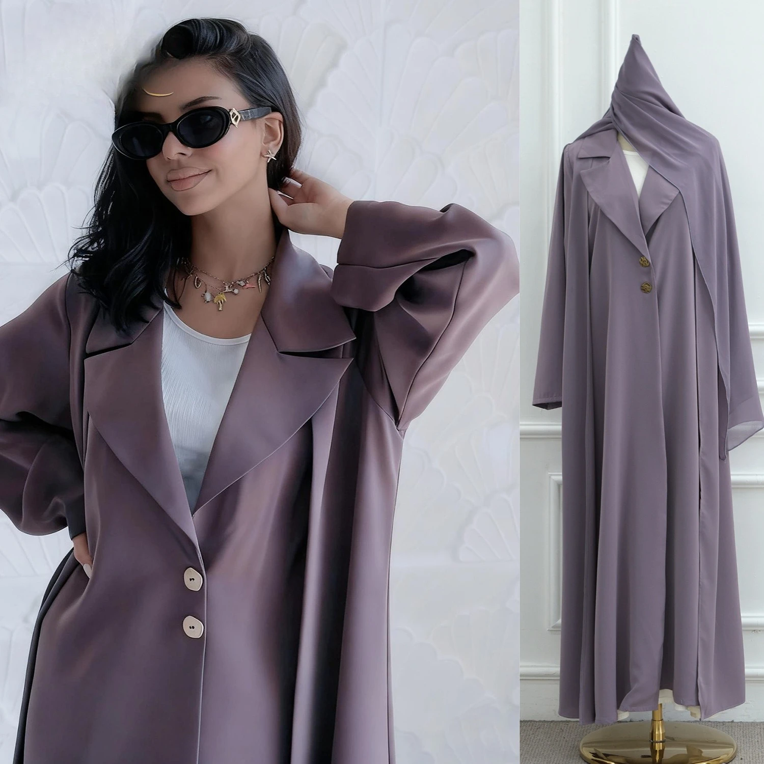 

Modest Turkey Banquet Elegant Nida Abaya Solid Color Dress Kaftan Set with Scarf Two Pieces Cardigan Pockets Sets Women Abayas