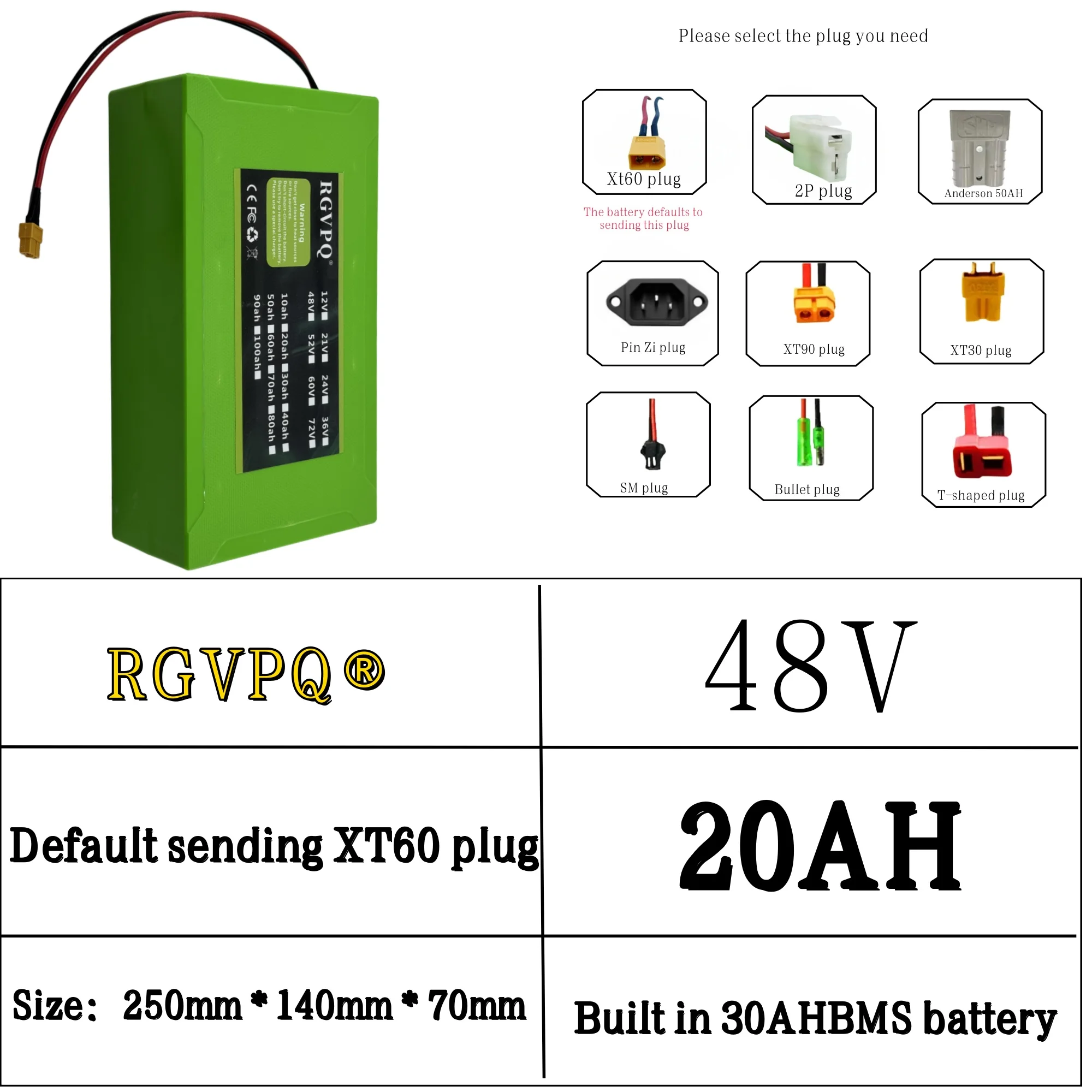 

RGVPQ, New Full Capacity Power Supply, 18650 Lithium Battery 48V13S6P, 20AH, Suitable for OEM Vehicles, Suitable for 2000W
