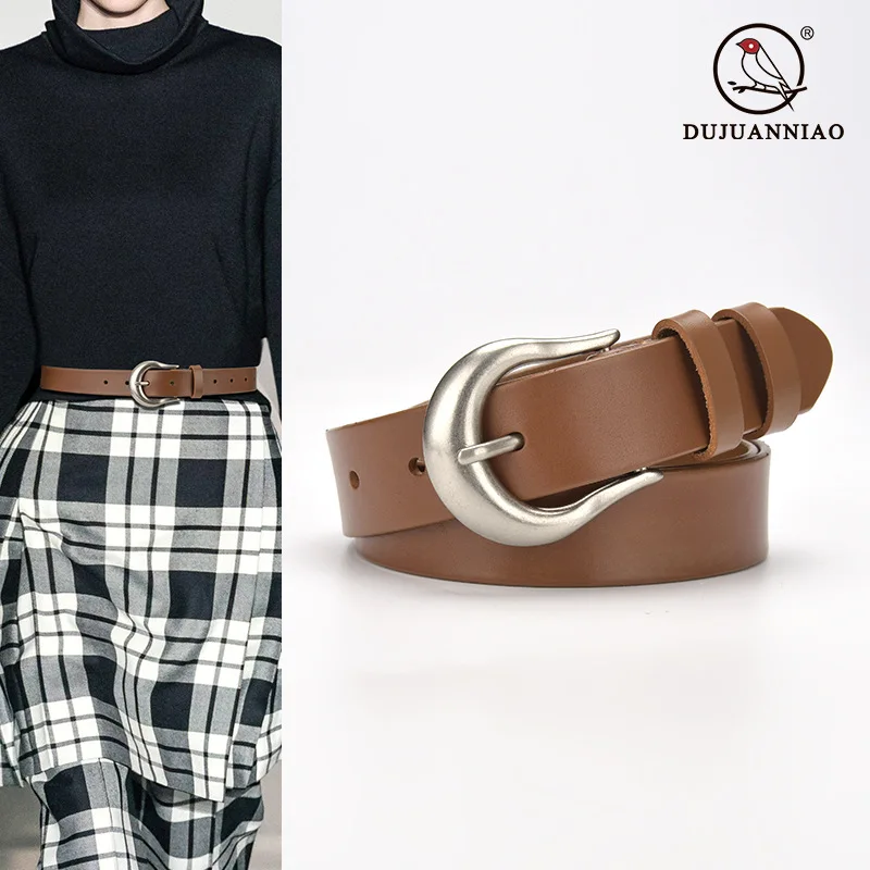 

Vintage leather belt for women casual pin buckle top layer cowhide versatile denim decorative genuine leather belt
