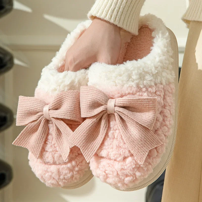 Lace Bowknot Faux Fur Slippers for Women Sweet Winter Soft Plush Home Slippers Woman New 2023 Non-Slip Warm Indoor Cotton Slides