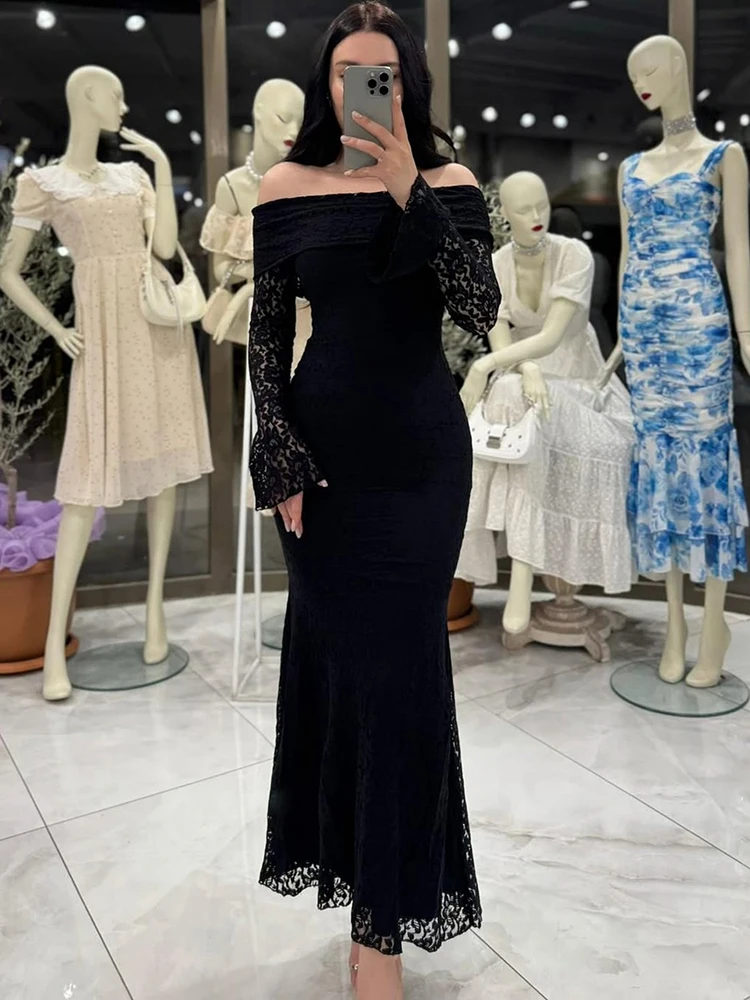 Elegant Temperament High Waisted Evening Gown Lace Slim Fit Wrap Hip Autumn Dress Flared Sleeves Solid Color Women's Robe Dress