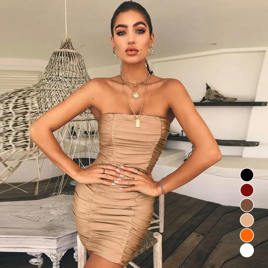 

【New style】 - spring and summer new European and American women's clothing sexy tube top nightclub pleated hip dress 8505