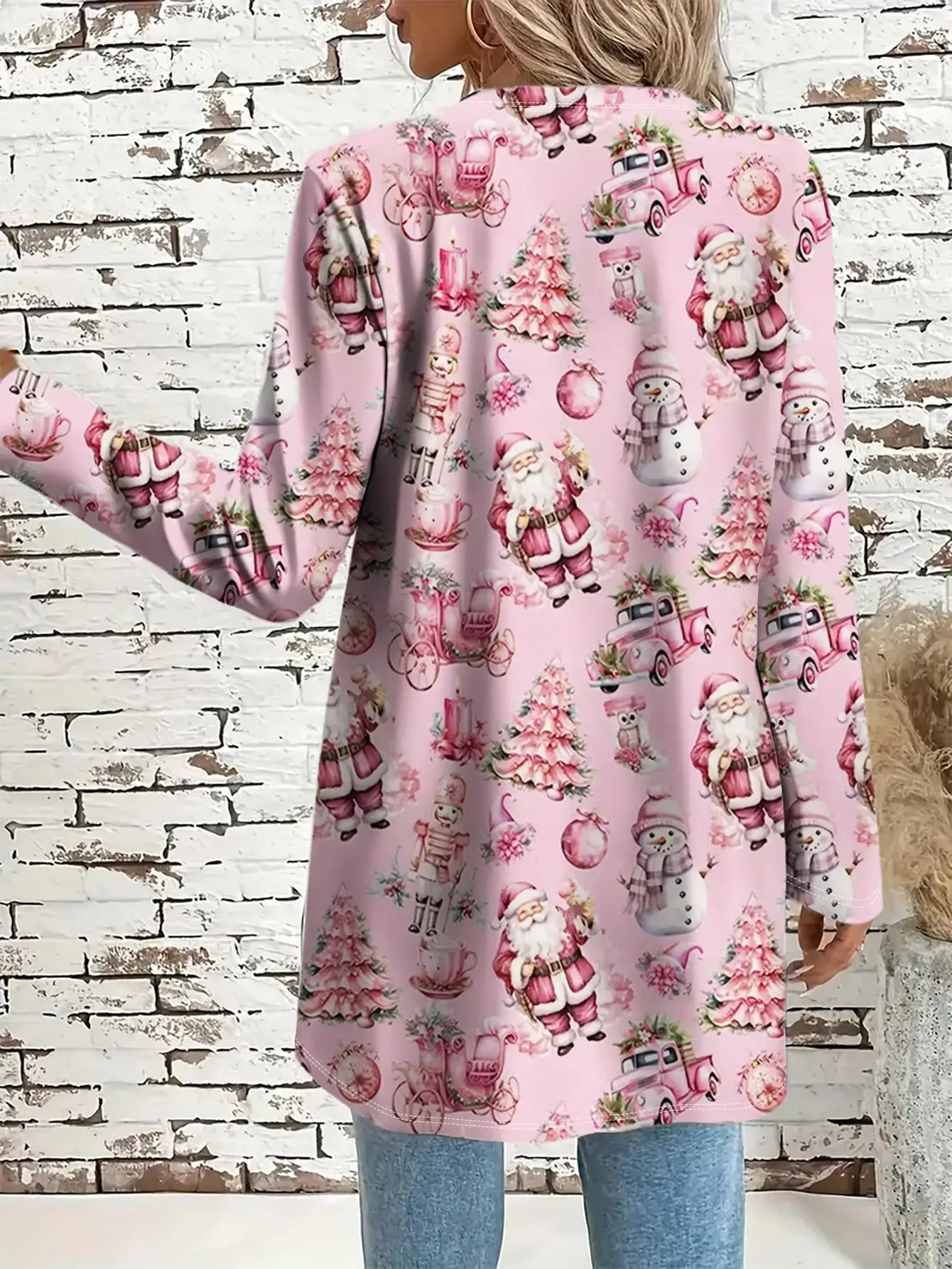 Plus Size Women Pink Christmas Santa Snowman Print Open Front Cardigan Long Sleeve Casual Holiday Outerwear Top