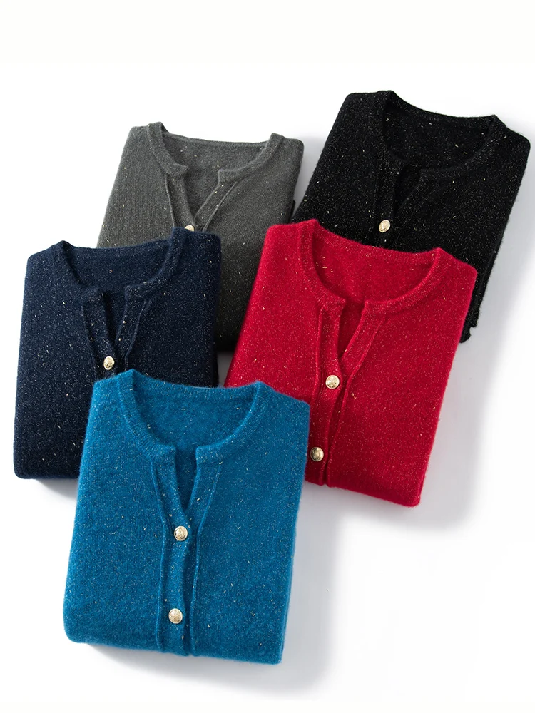 Sweter damski TLOML ze 100% kaszmiru, kołnierz w kształcie nożyczek, kardigan z motywem złotych fasolek, jesienno-zimowy, wysokiej jakości kaszmirowy płaszcz dzianinowy, codzienne topy.