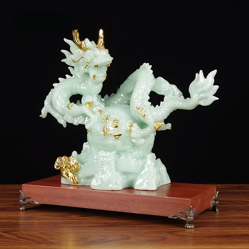 Inviting Wealth Jade and Dragon Ornament Zodiac Auspicious Dragon Fish Tank Decoration Crafts Entrance Mascot with Base