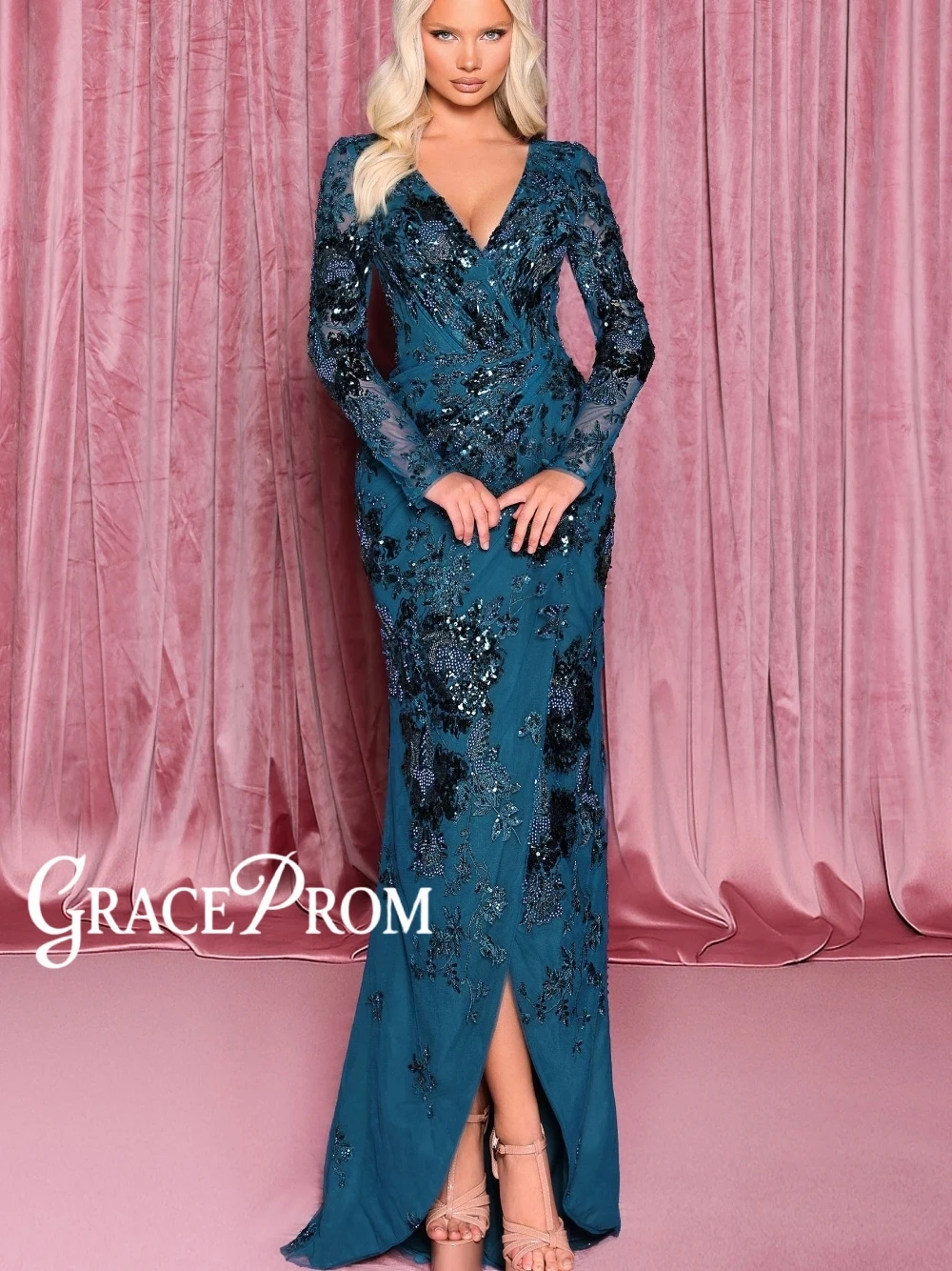 

Vintage Teal Lace Beaded Sexy V Neck Prom Dress Long Sleeved Elegant Formal Shiny Evening Gown For Wedding Guest & Gala Parties