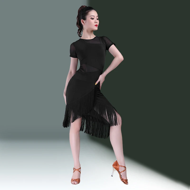 Sexy Latin Danskleding Vrouwen Zwarte Vrouw Pailletten Rok Jurk Met Franjes Samba Jurken Voor Prom Wear Line Pak Praktijk Rumba Gebruik