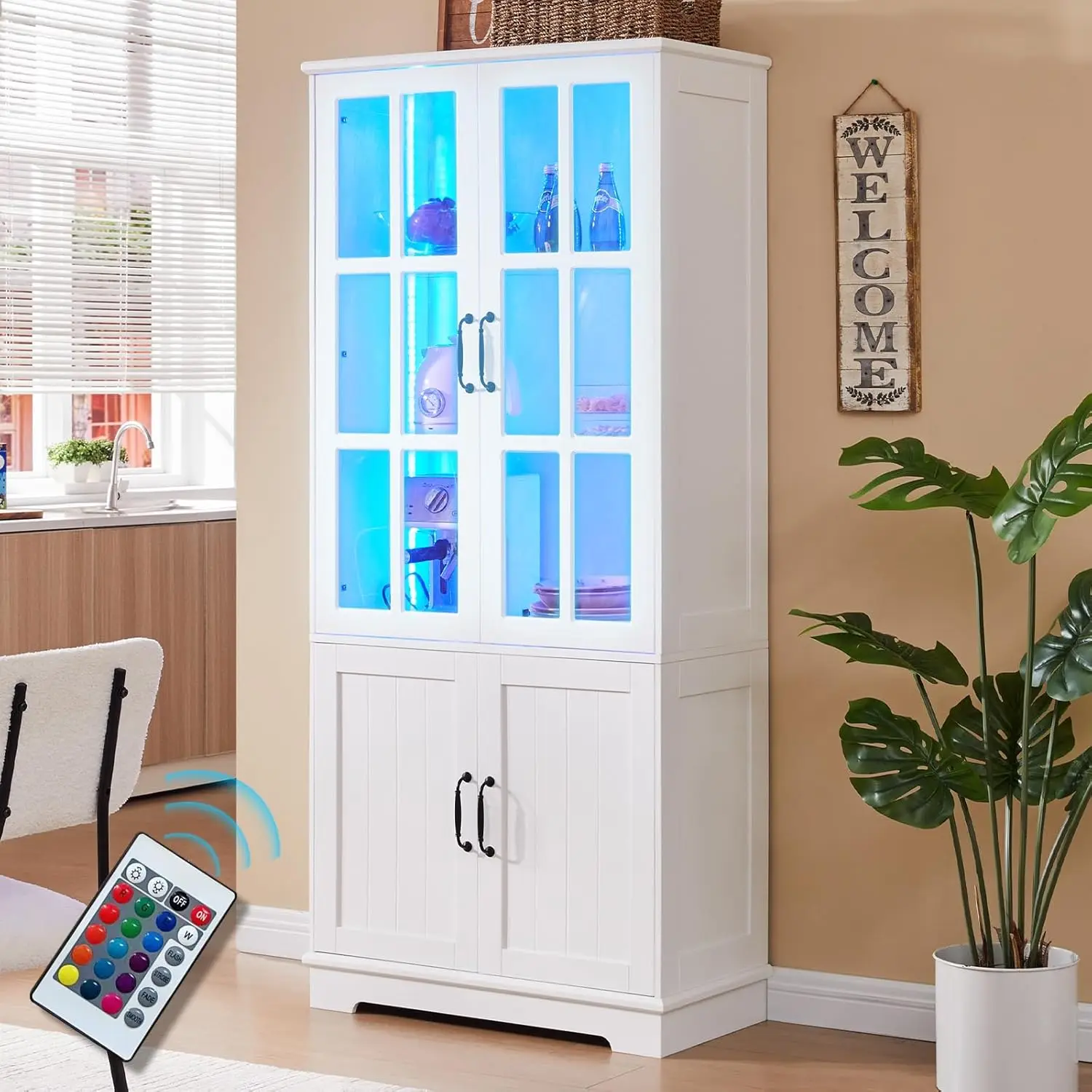 

71" Tall Storage Cabinet with Glass Doors, Modern Display Cabinet with 5-Tier Shelves & LED Lights, Accent Furniture, White