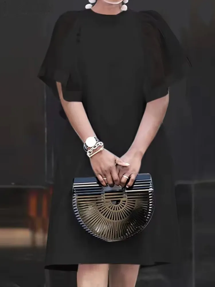 Yeezzi Modisches durchsichtiges Puffärmel-Party-Abschlussball-Midi-Kleid für Damen, einfarbig, geteiltes Gelenk, lockerer O-Ausschnitt, elegantes Bürokleid