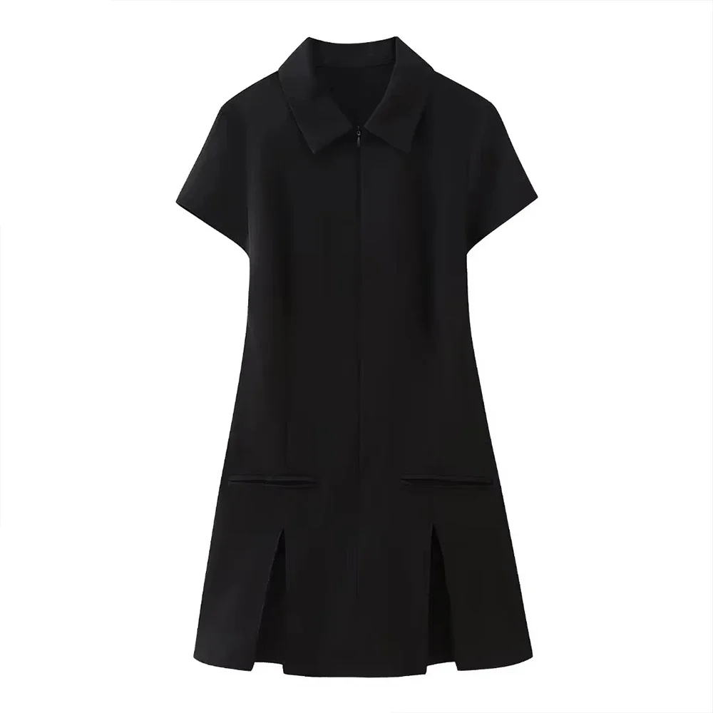 Abiti Primavera Estate Quotidiano Basic Semplice Cerniera Tinta unita Manica corta Colletto della camicia Mini Shift Abiti casual per le donne