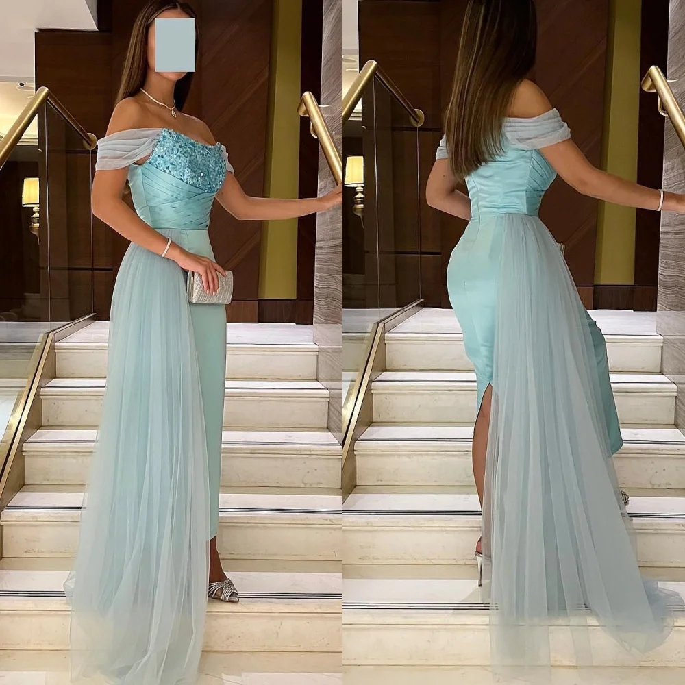 Customized  Evening  Jersey Draped Sequined Pleat Valentine's Day A-line Off-the-shoulder Bespoke Occasion Gown