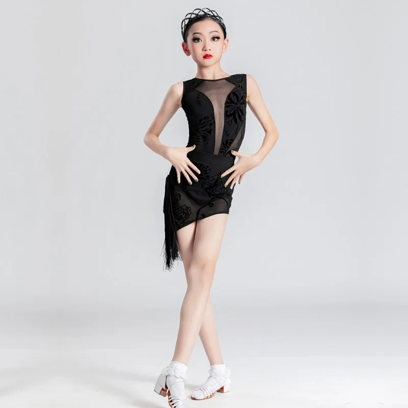 Sleeveless Summer Girls Latin Dance Outfit Backless Fringe Tulle Kids Professional Competition Practice Costume Dancewear