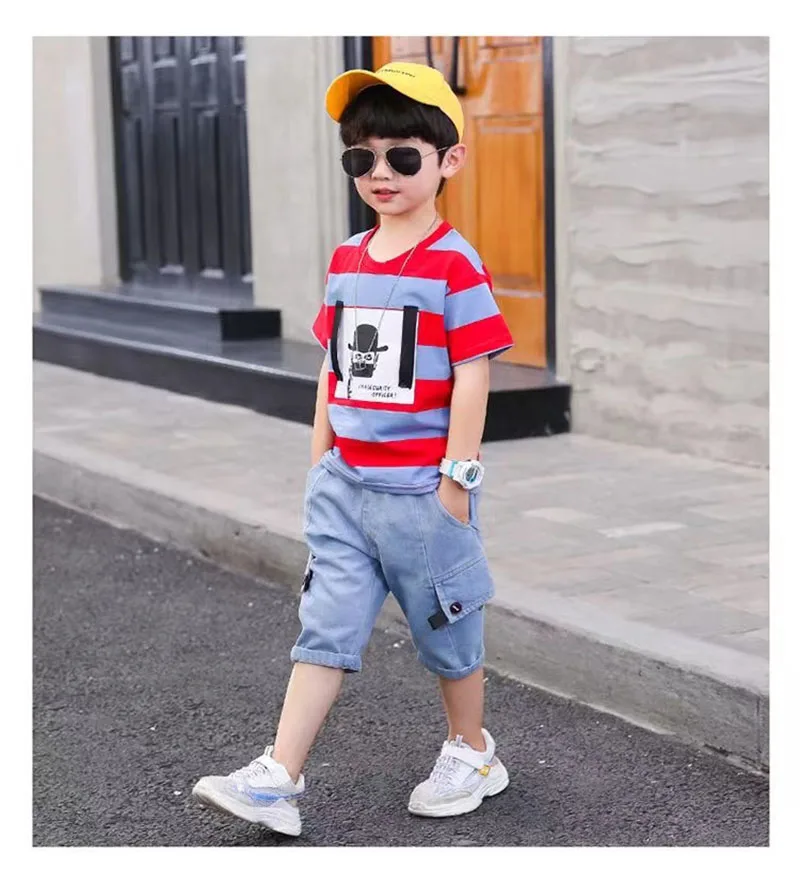 Summer Baby Boys Clothes Suit Stripe Cotton T-shirt+Jeans Short Pant 2PCS Set Kids Boys Clothing  For 3 4 5 6 7 8 9 10 11 12 Yrs