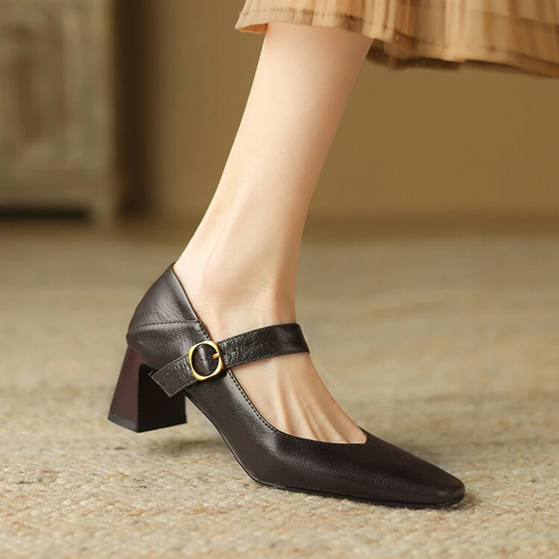 NEW Spring/Autumn Women Pumps Square Toe Chunky Heel Shoes Genuine Leather Shoes for Women Elegant High Heels Buckle Mary Janes