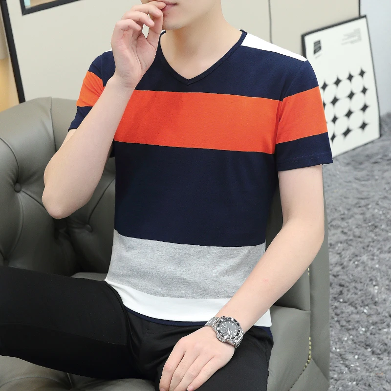 

Fashion V-Neck Printed England Style Striped T-Shirt Men's Clothing 2024 Summer New Loose Casual Pullovers All-match Tee Shirt