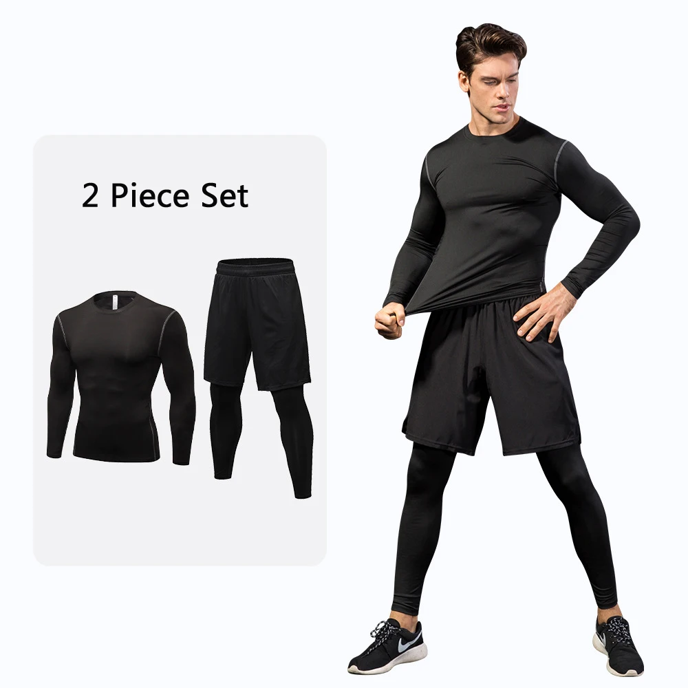 

2 Pcs Set Men's Running Set Gym Jogging Thermo underwear Second skin Compression Fitness MMA rashgard Male Quick dry Track suit