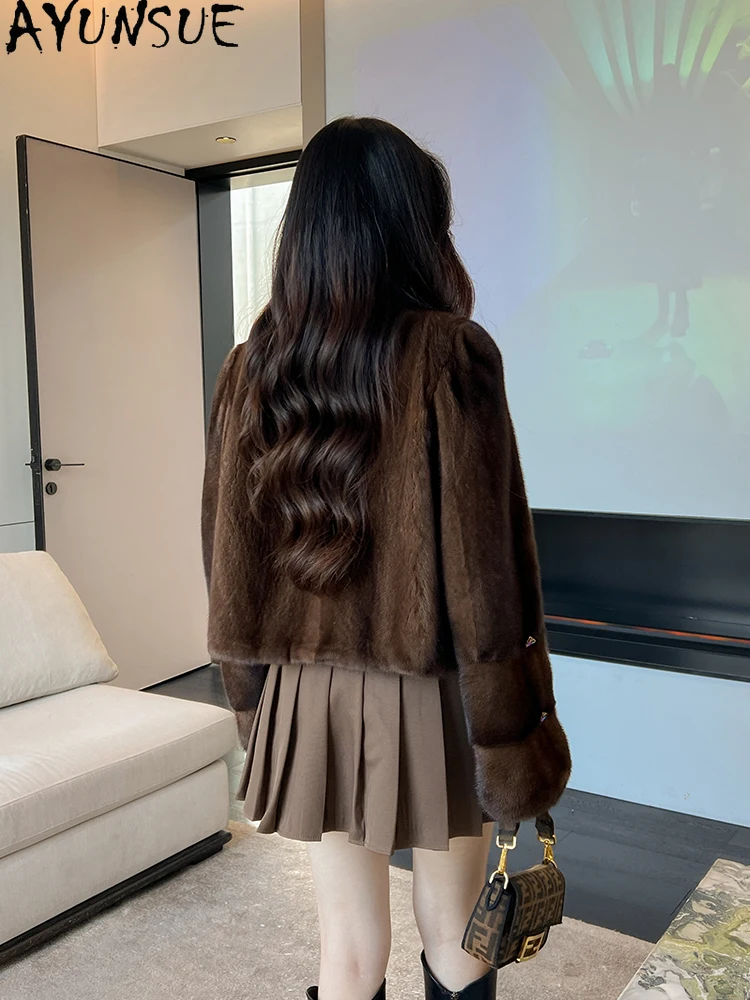 AYUNSUE Naturalna Kurtka z Futra Norki AYUNSUE Damska Moda Rozkloszowane Rękawy Luksusowe Kurtki z Prawdziwego Futra dla Kobiet Odzież Ropa Para Mujer