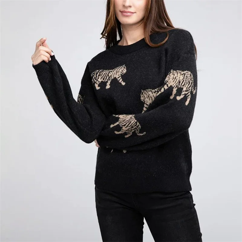 2024 Women Sweaters Loose Casual Winter Warm Tiger Print Long Sleeve Pullovers Basic Knitwear Fall Streetwear Jumper