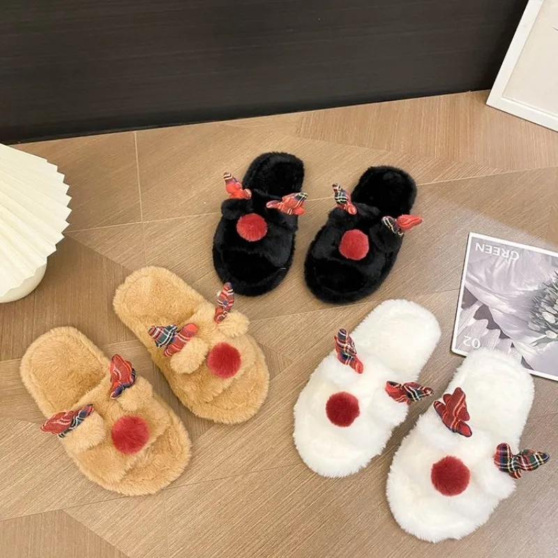 Warm Fashionable Home Slippers Soft Soled Christmas Reindeer Shoes Winter Indoor Household Cartoon Cotton Slippers Slides Women