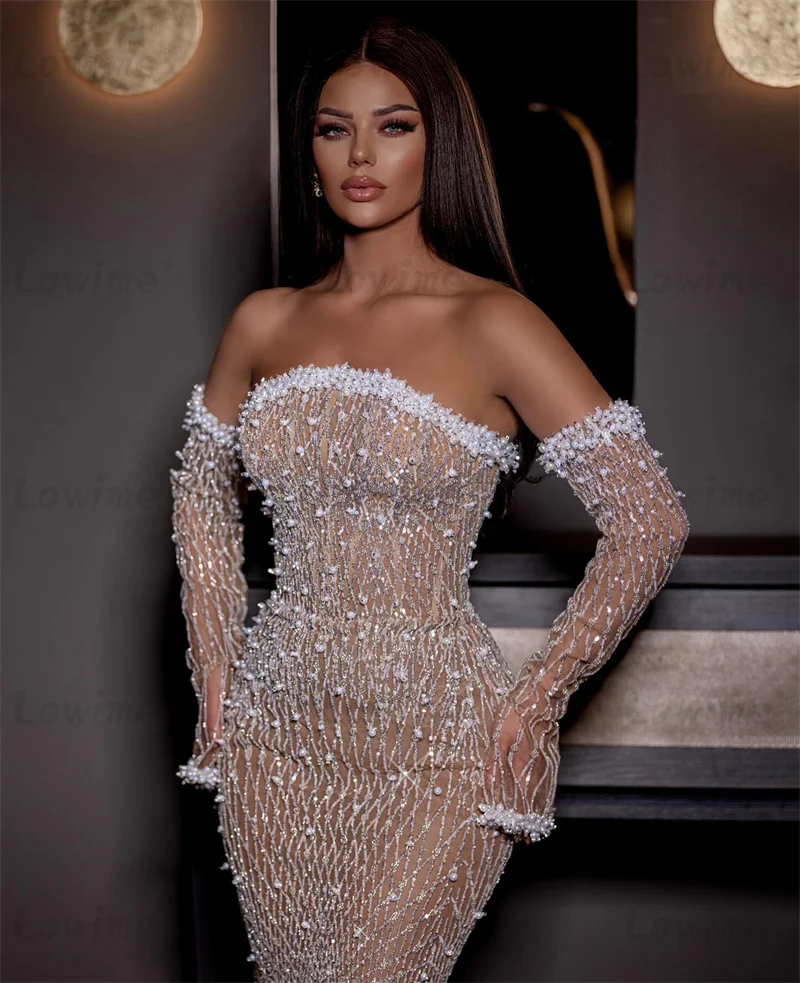 2024 Customized Arabic Evening Dress Champagne Pink Prom Dresses With Gloves Pearls Beading Mermaid Party Gowns Robe De Soirée