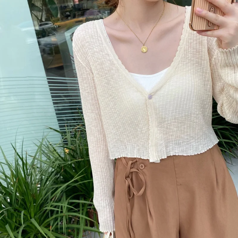 

Sun Protection Light Weight Knitted Ice Silk Cardigan Women's Summer Outerwear with Strap V-Neck Long Sleeve Loose Fit Top
