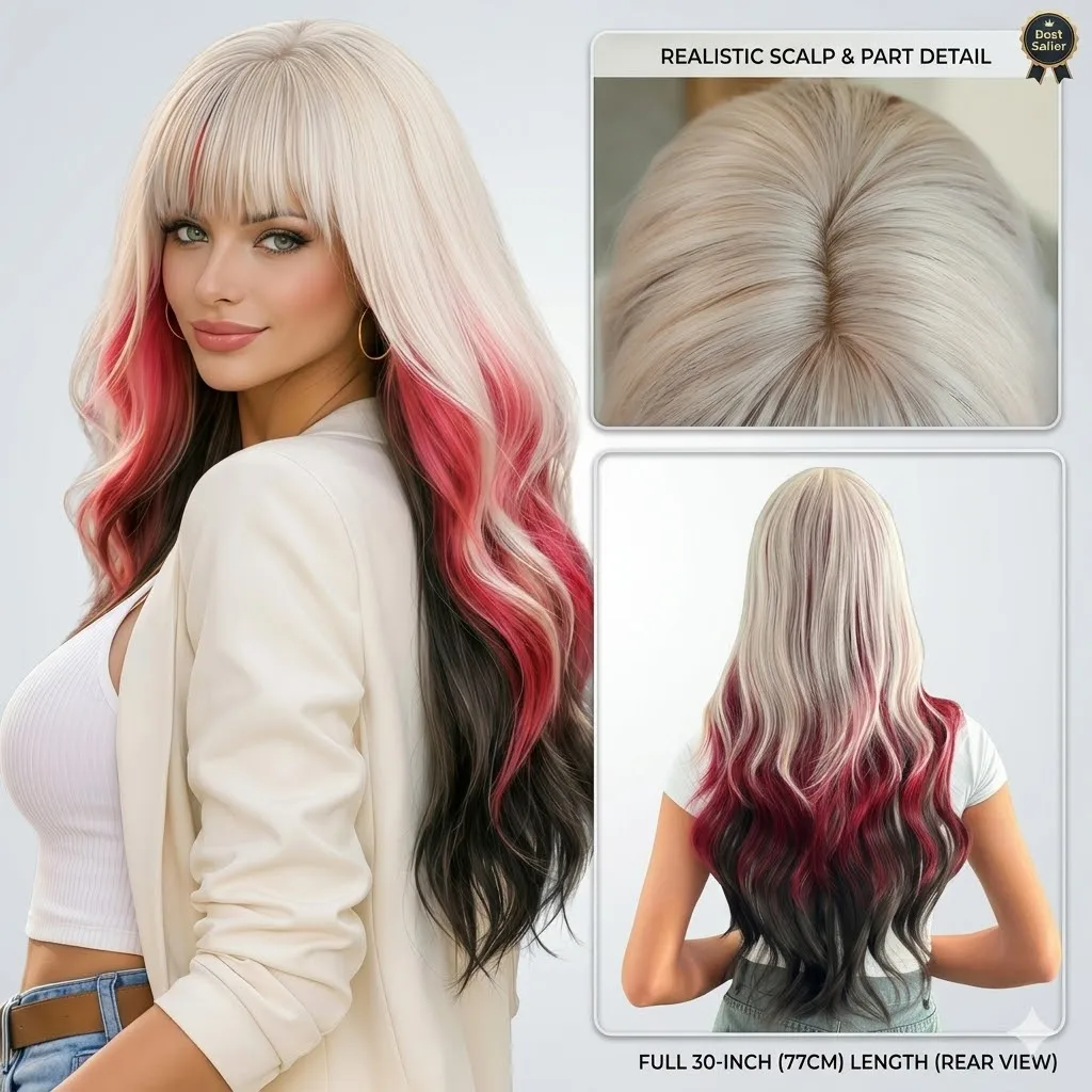 30 Inch Long Wavy Ombre Synthetic Wig with Bangs Hairline Gradient Color Cosplay Party Wig for Women Red Black Blonde