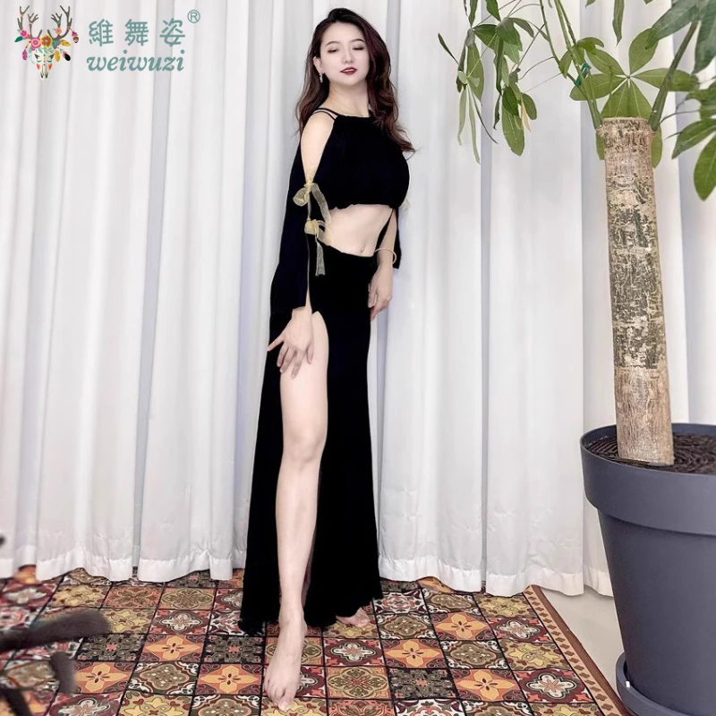 Danse du ventre femme adulte élégant Modal haut vêtements d'entraînement costume Oriental Dancewear taille haute chemise jupe longue ensemble de performance