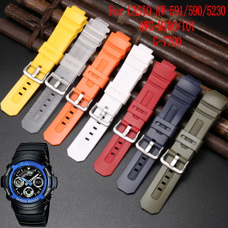 Resin Strap Suitable for Casio AW 591 AW-590 Men Rubber Strap Sports Waterproof 16mm Replacement Bracelet Band Watch Accessories