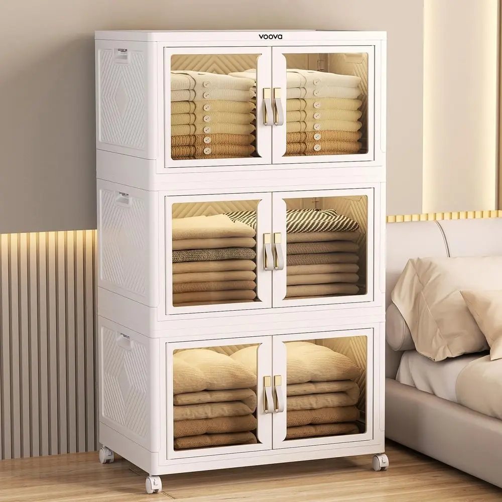 

48-Qt Storage Bins with Lids, Stackable Collapsible Closet Organizers, Storage Cabinet with Drawers, Folding Plastic Crate Stora