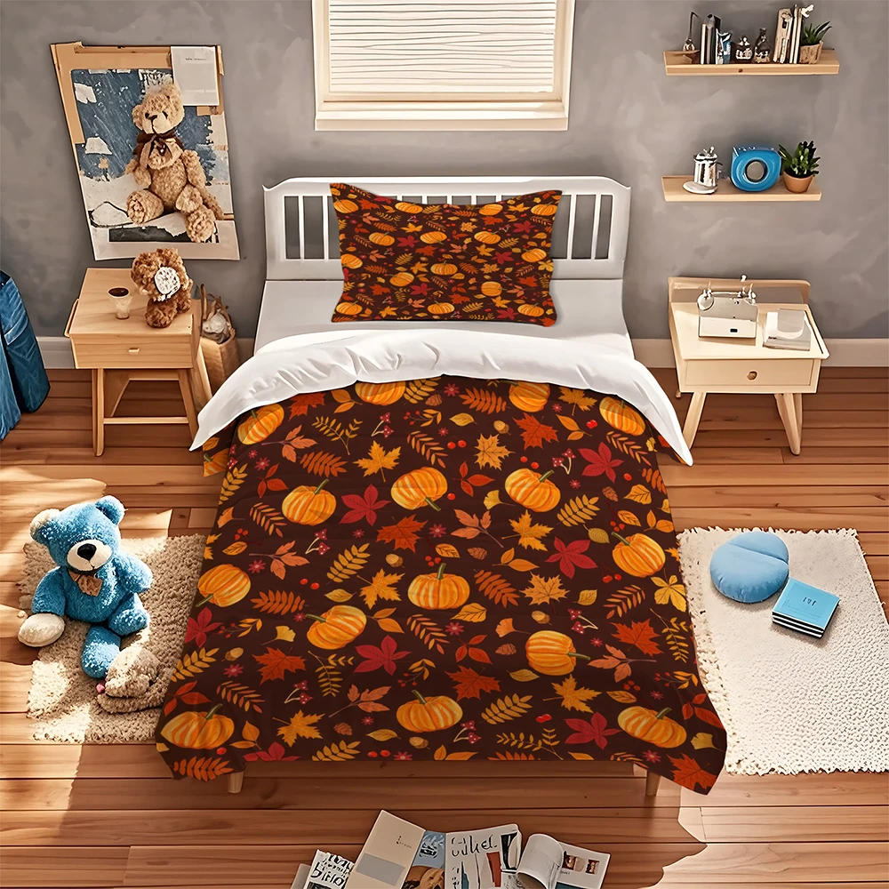 Brown Autumn Pumpkin Duvet Cover Set Fall Maple Leaf Mushroom Berry Print Bedding Set Thanksgiving Harvest Decor Quilt Cover