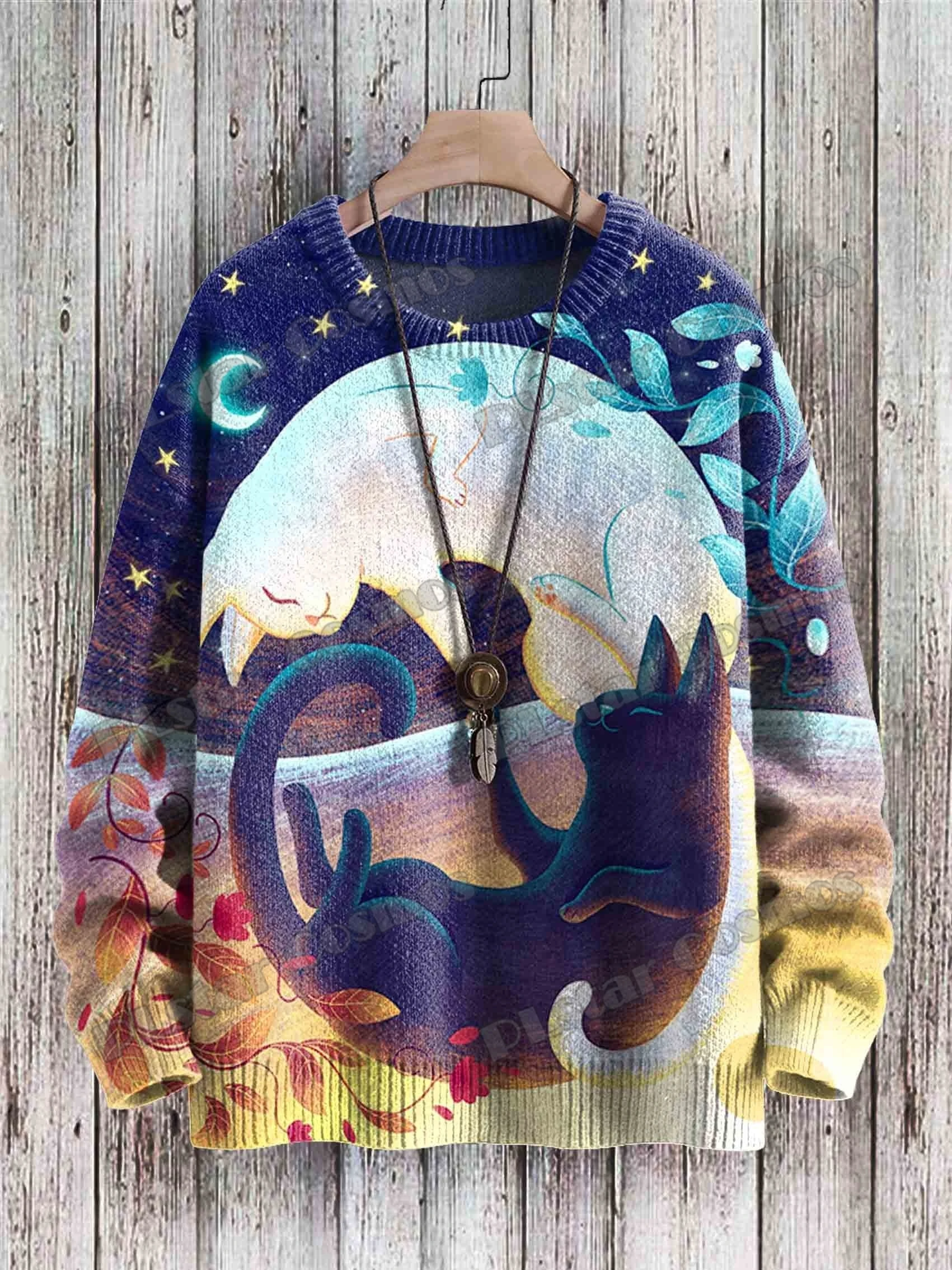 Funny Cat & Vintage Cute Cat Art Pattern 3D Printed Men's Knitted Pullover Winter Unisex Casual Knit Pullover Sweater ZZM55