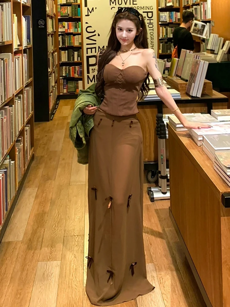 RORORIRI Desire-Top con corsé para mujer, falda de gasa, conjunto sin espalda, liso, ajustado, sin mangas, chaleco con lazo empalmado, falda plegable, ropa Retro