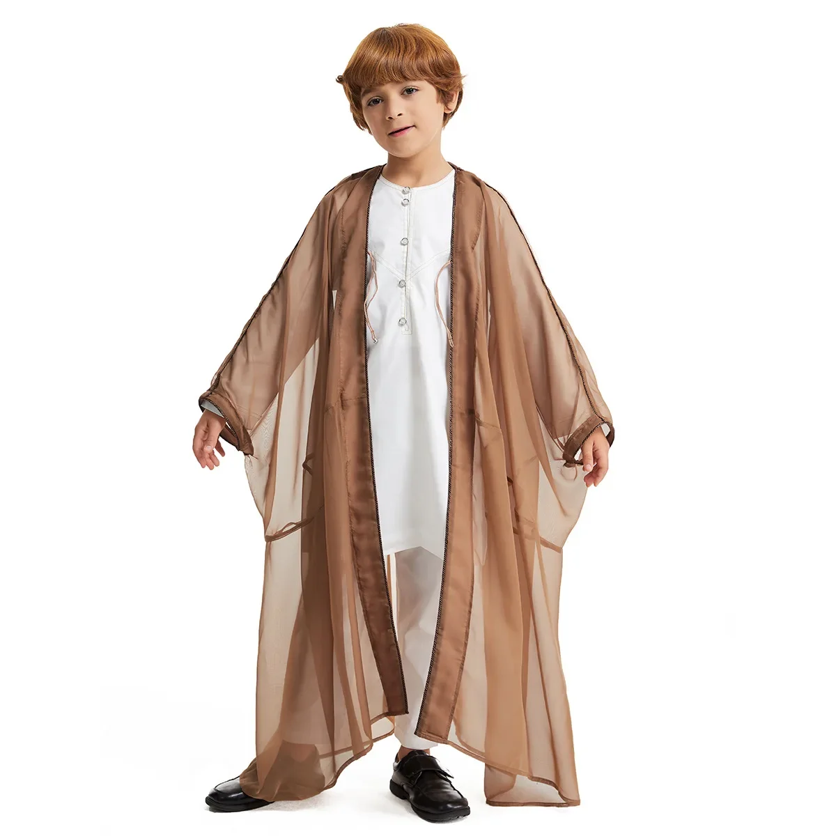 Middle East Teen-Agers Thin Cardigan Eid Muslim Boys Robe Jubba Thobe Open Abaya Dubai Turkey Kids Kaftan Arab Islamic Dress