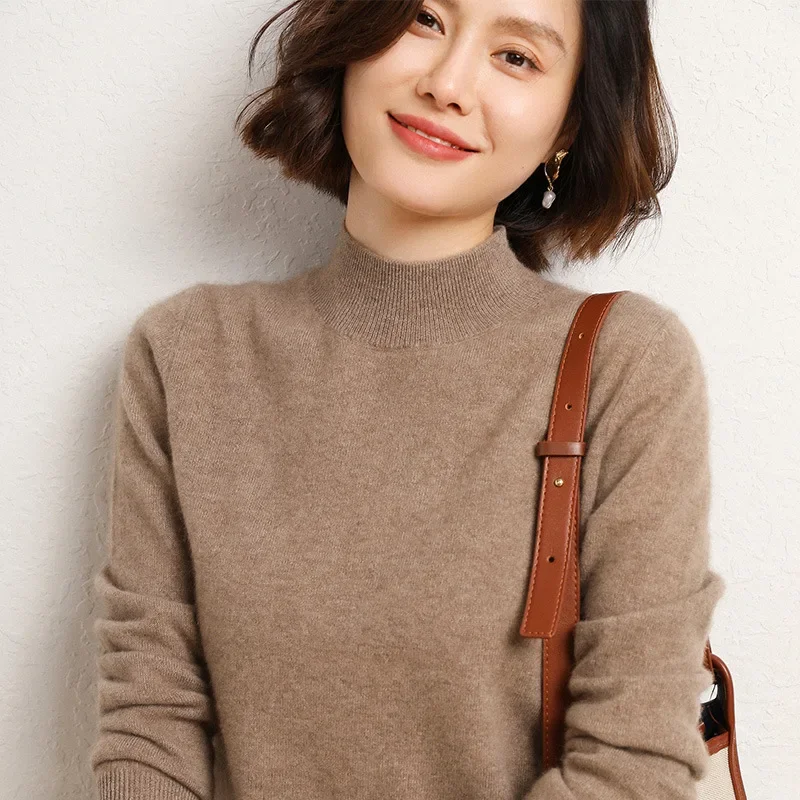 

For Women Autumn Winter New Style Big Size Crew Neck Pullover Top Loose Long Sleeve Half High Neck Knitted Sweater