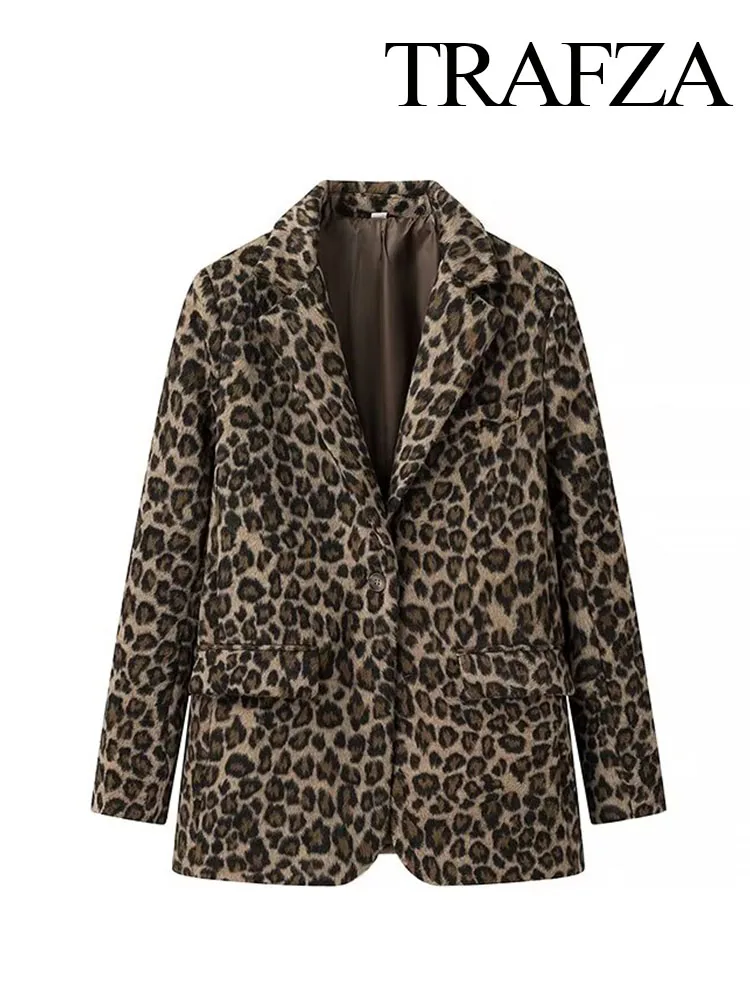 TRAFZA Women Vintage Leopard Blazer Single Buckle Lapel Pocket Decorate Long Sleeves Coat Female Fashion Chic Jackets Streetwear