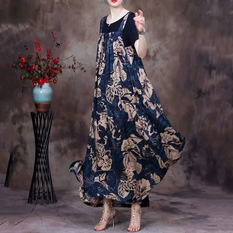 

2024 New Summer Age Reducing Fashion Simplicity Sling Dress Set Elegant Commuter Women's Loose Versatile Printed Long Dress