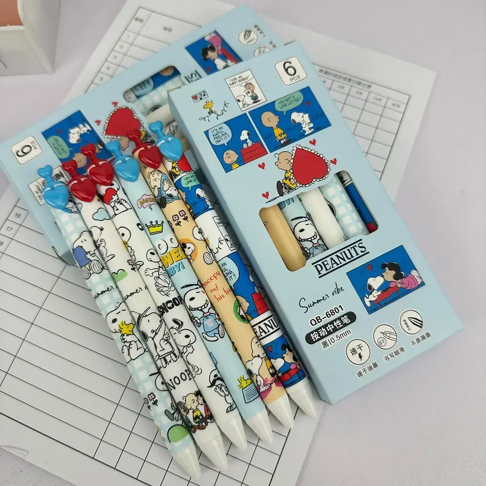 6 Pcs Snoopy Gel Pen Set 0.5mm Quick Dry Black Ink Press Type Signature Pens Cute Cartoon Student Office Stationery Gifts
