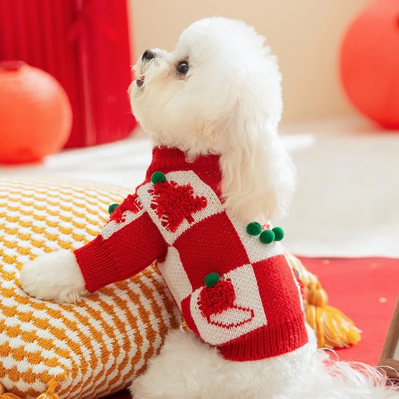 New Year Christmas Pet Sweater Checkerboard Dog Clothes Winter Teddy Bear Costume Dog Two Legged Pullover